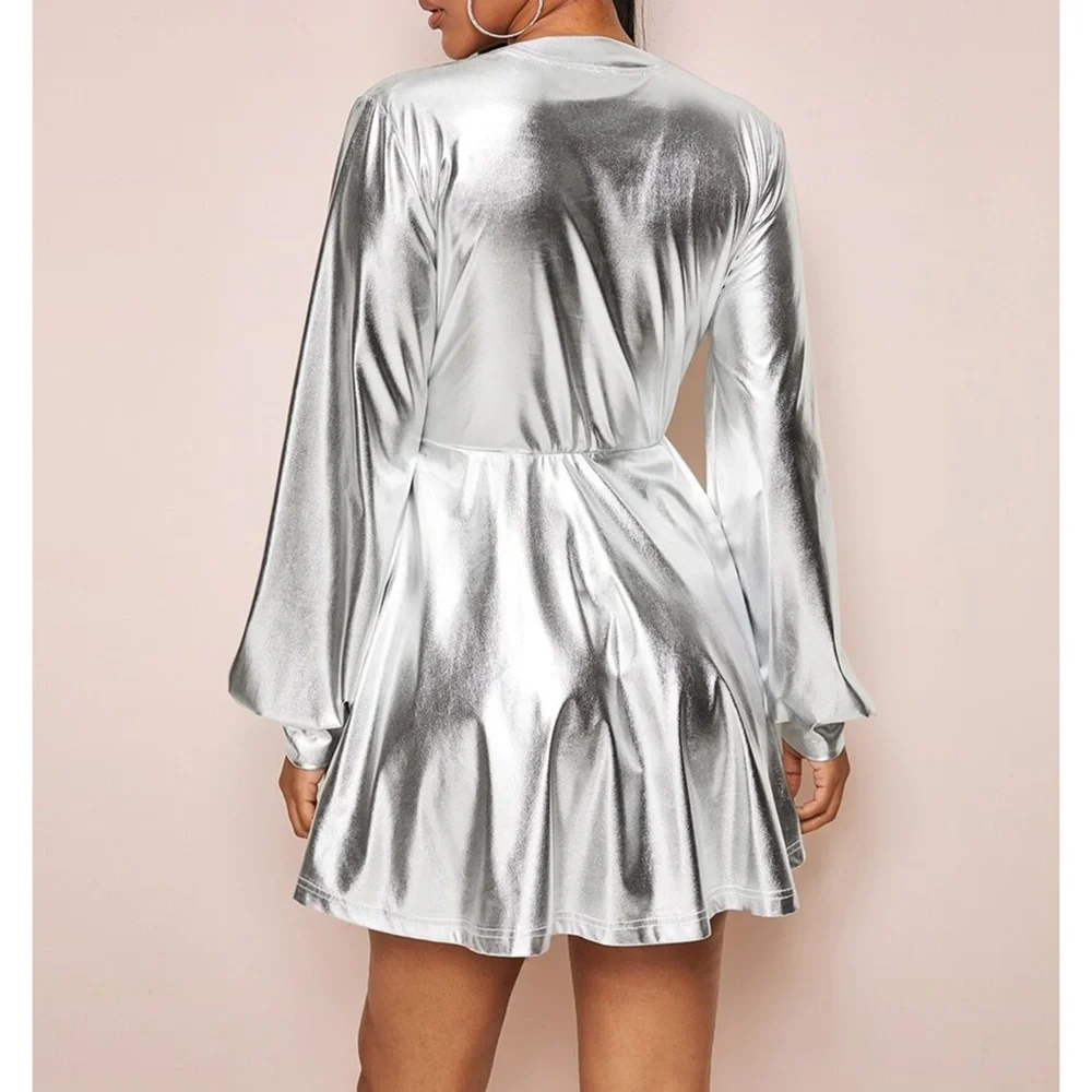 Silver Metallic Deep V Party Dress - Picture 2 of 5